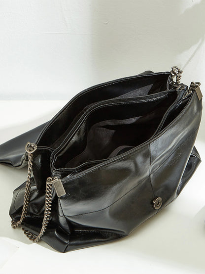 Vintage Black Chain Shoulder Bag – Retro Leather Tote Handbag for Women