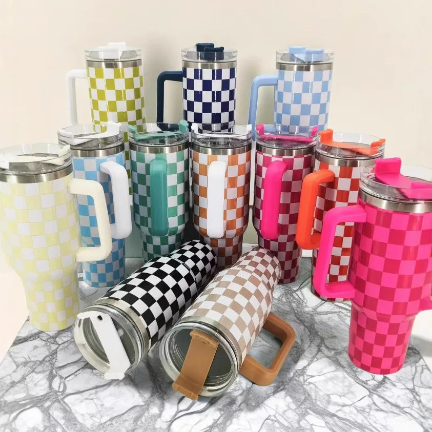 40oz Checkered Stainless Steel Tumbler with Handle Insulated Travel Mug