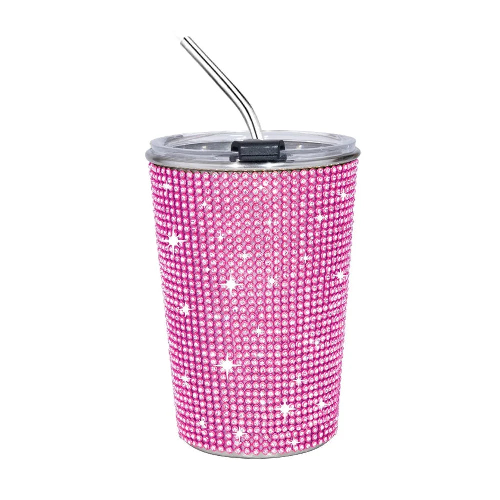 500ml Rhinestone Stainless Steel Water Bottle with Straw Luxury Sparkling Cup