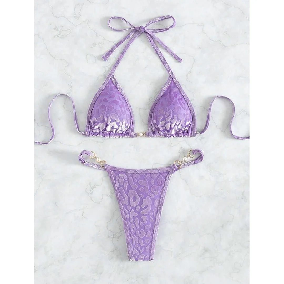 Leopard Pearl Micro Thong Bikini Set Women Two Piece Swimsuit Y2K Beachwear