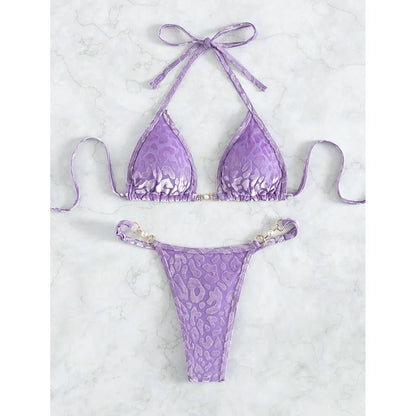 Leopard Pearl Micro Thong Bikini Set Women Two Piece Swimsuit Y2K Beachwear