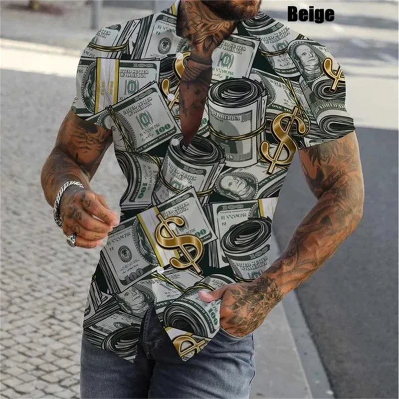 Dollar Print Hawaiian Shirt Men 3D Graphic Summer Button Up Streetwear Top