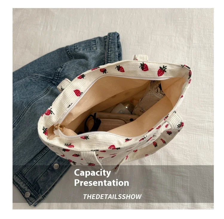 Cherry Print Canvas Tote Bag – Cute Aesthetic Shoulder Handbag for Women