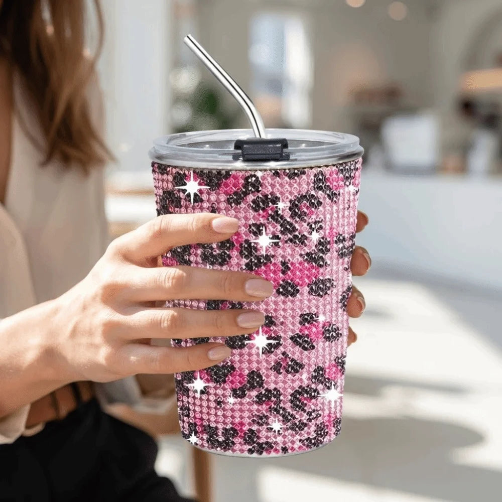 500ml Rhinestone Stainless Steel Water Bottle with Straw Luxury Sparkling Cup