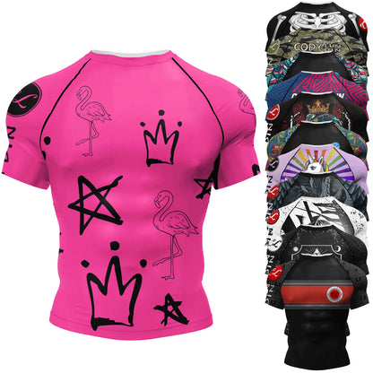 Pink BJJ Rash Guard Men Short Sleeve Jiu Jitsu Compression Training Shirt