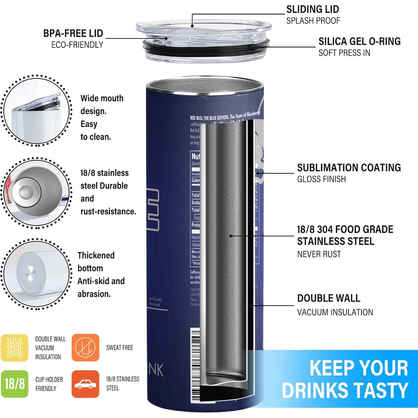 Energy Drink Slim Tumbler – 20oz Stainless Steel Cup with Straw & Lid