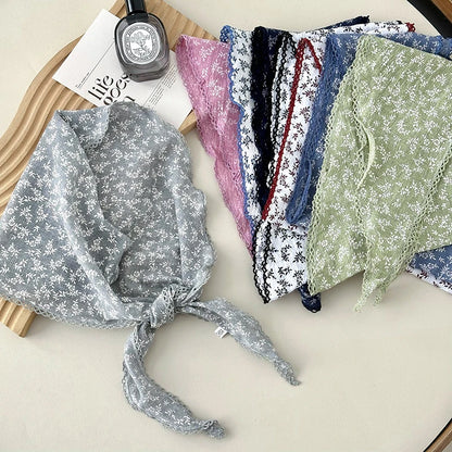 Retro Lace Scarf Sweet Flower Triangle Hair Scarf for Women Hair Band Thin Vintage Kerchief Bohe Flower Ribbon Travel Headwear ﻿
