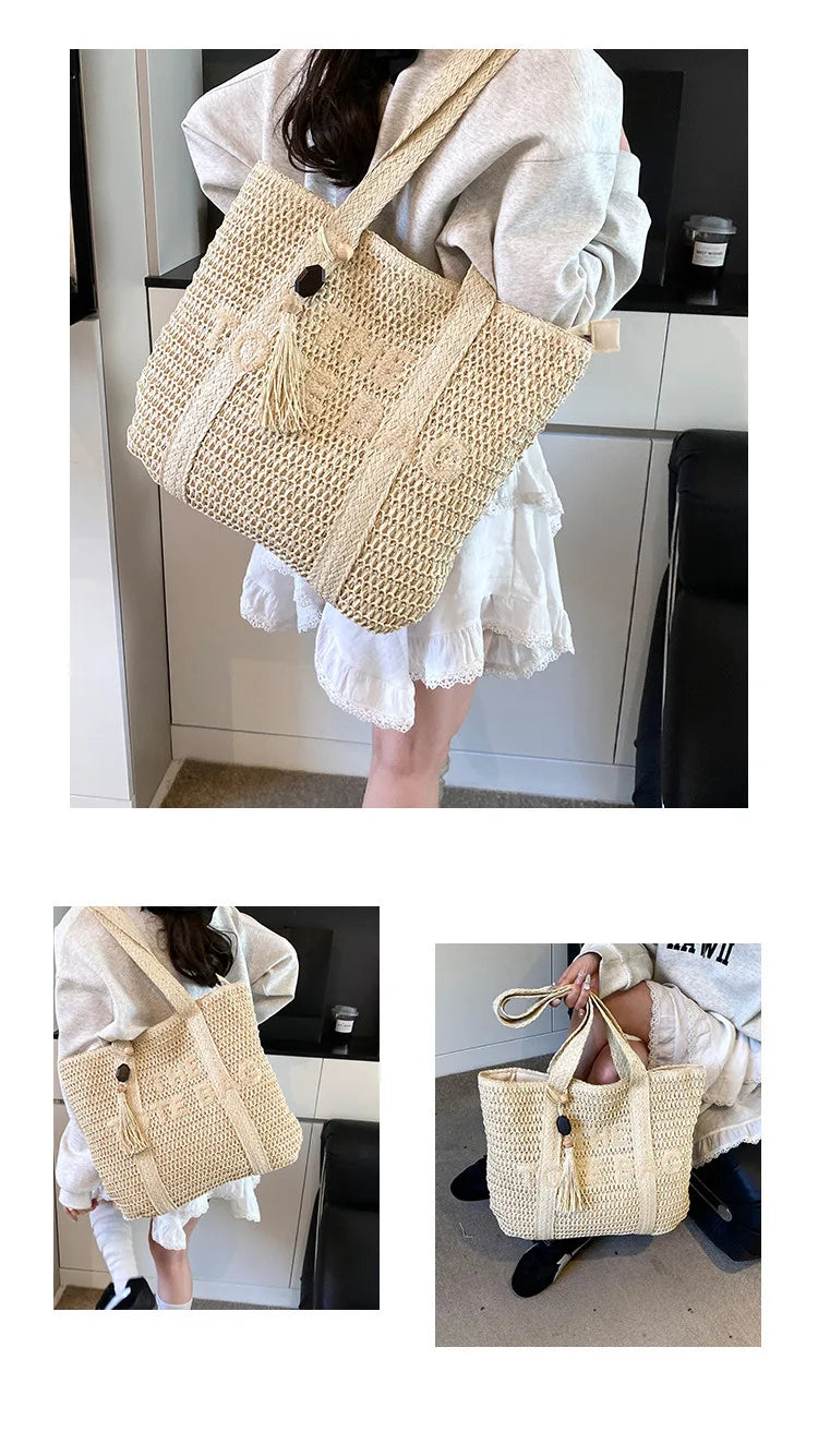 Boho Straw Tote Bag – Woven Beach Shoulder Handbag for Women Summer Fashion