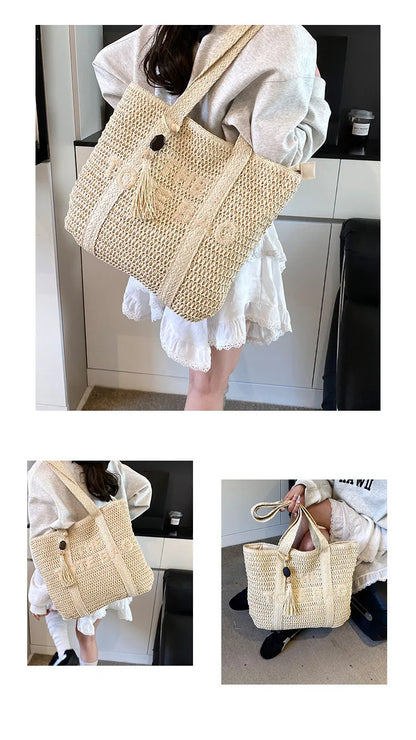 Boho Straw Tote Bag – Woven Beach Shoulder Handbag for Women Summer Fashion