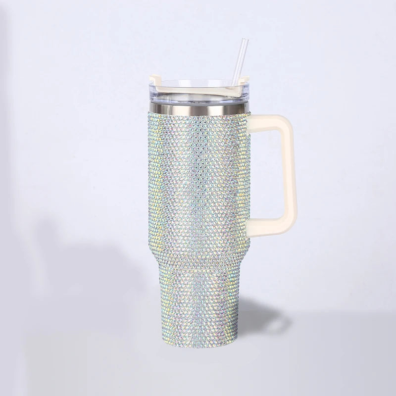 40oz Rhinestone Tumbler with Handle Insulated Thermos Cup Sparkling Travel Mug