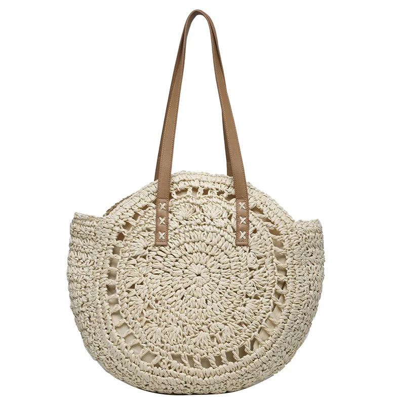 Boho Round Straw Tote Bag – Handmade Crochet Shoulder Beach Bag for Women