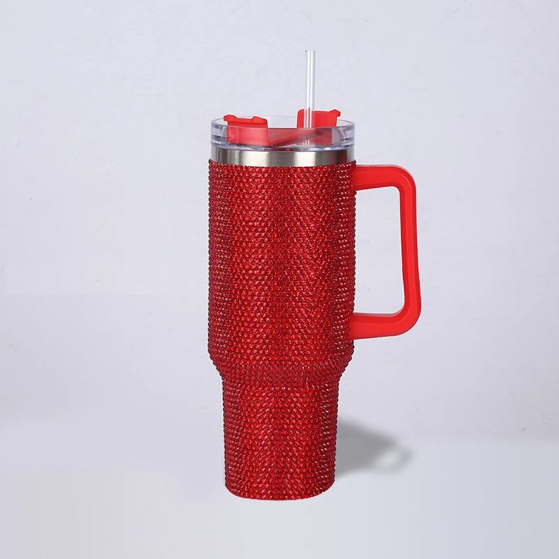 40oz Rhinestone Tumbler with Handle Insulated Thermos Cup Sparkling Travel Mug
