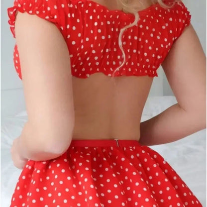 Cute Polka Dot Lingerie Set – Off Shoulder Babydoll Sleepwear for Women