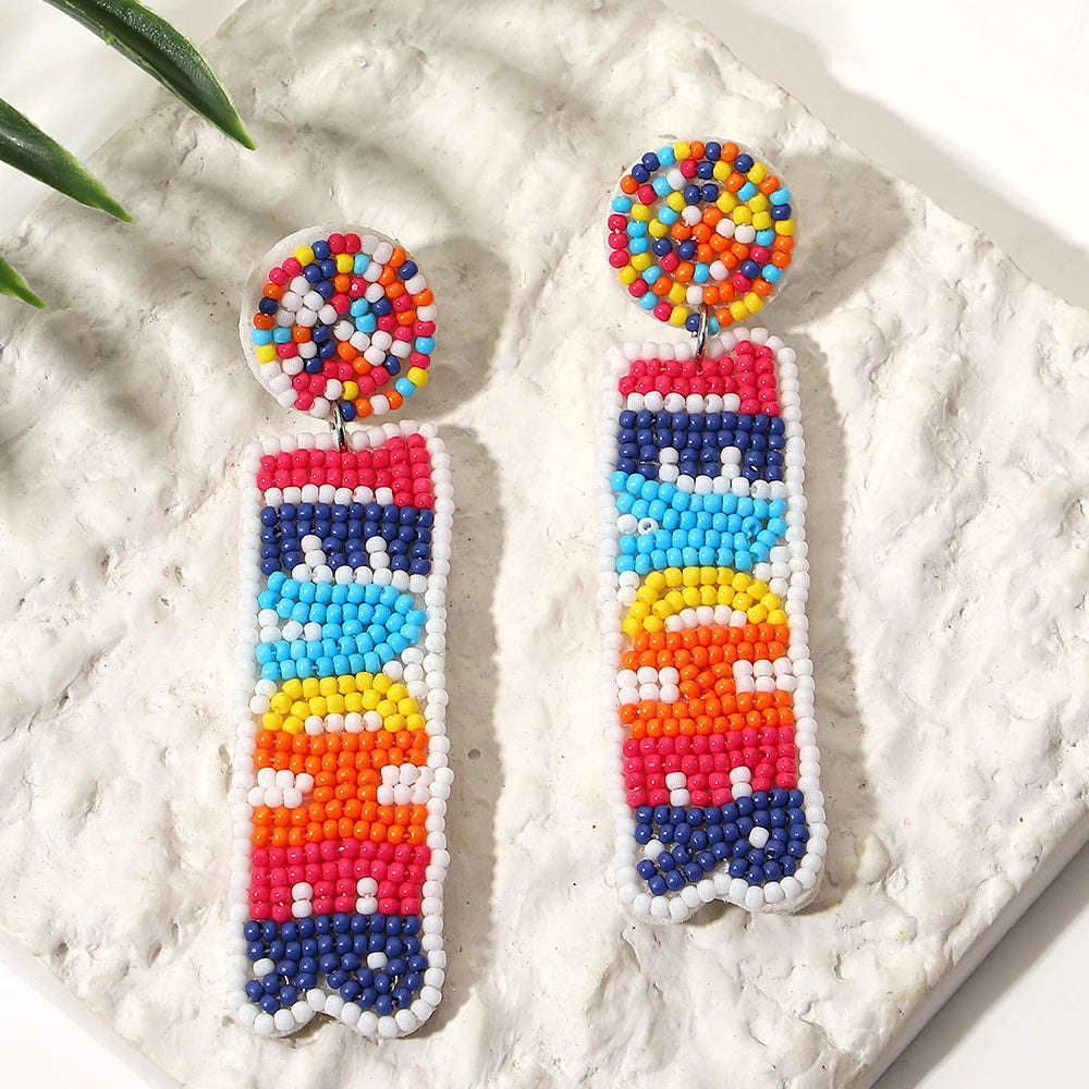 Boho Beach Statement Earrings – Handmade Beaded Starfish Seahorse Shell Drop Earrings for Women