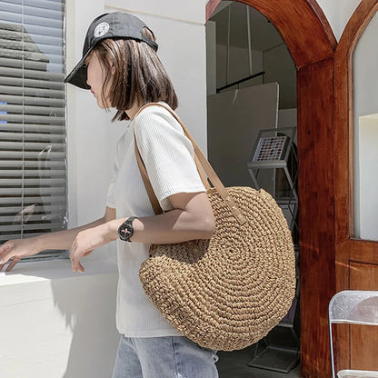 Boho Round Straw Tote Bag – Handmade Crochet Shoulder Beach Bag for Women