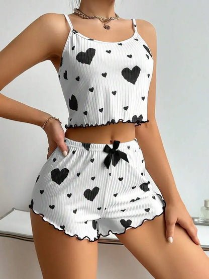 Cute Heart Print Pajama Romper – Women’s Sleeveless Summer Lounge Wear