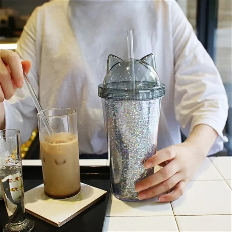 Cute Cat Ear Glitter Straw Cup Creative Plastic Water Bottle for Girls