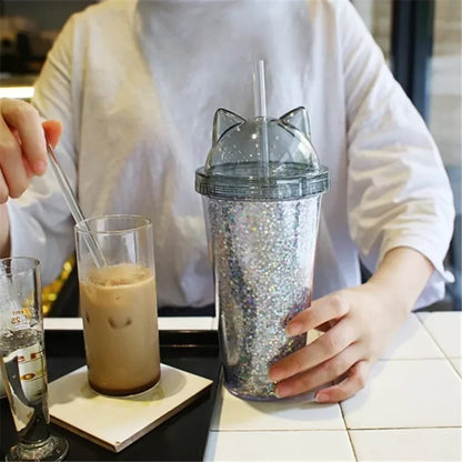 Cute Cat Ear Glitter Straw Cup Creative Plastic Water Bottle for Girls