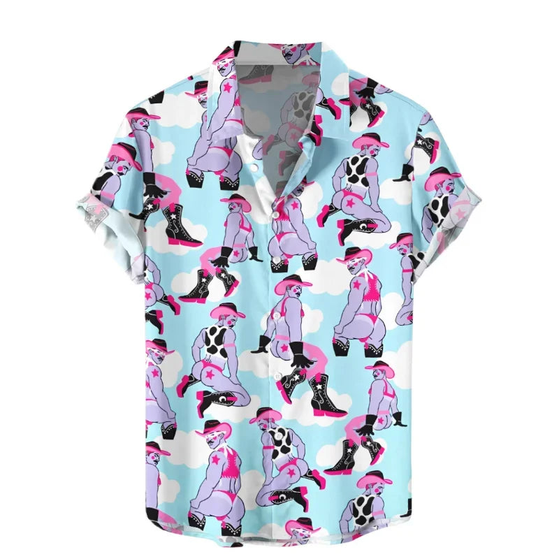 Funny 3D Print Hawaiian Shirt Men Oversized Button Up Tropical Vacation Shirt