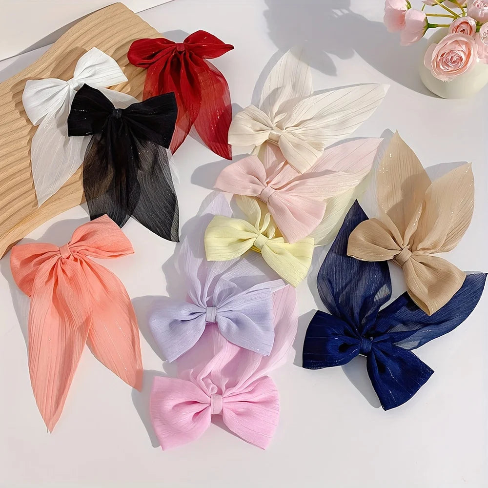 11PCS Satin Bow Hair Clip Set – Elegant Long Ribbon Barrettes for Women & Girls