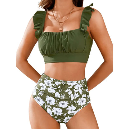 Floral Ruffle High Waisted Bikini Set Women Tummy Control Modest Swimwear