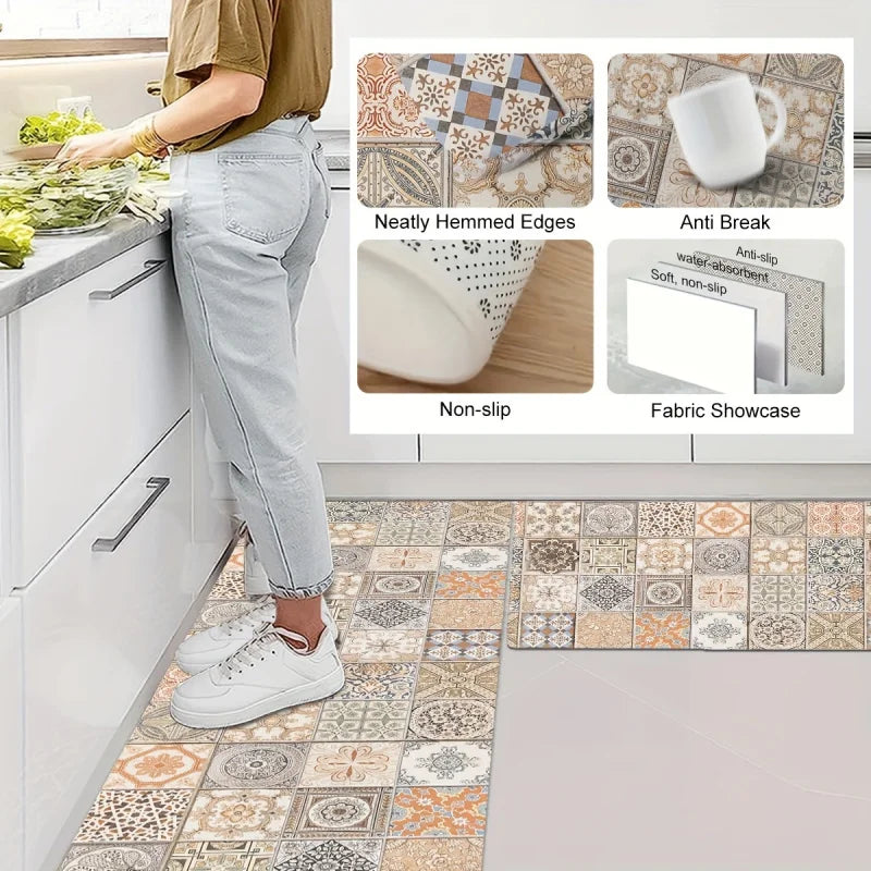VIKAMA Retro Style Kitchen Floor Mat - Anti-slip and Soft Entrance Door Mat - Bathroom Carpet - Home Decoration