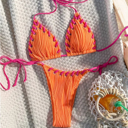 Sexy Ribbed String Bikini Set – Women’s Triangle Tie Side Swimsuit, Minimalist Beach Swimwear for Summer Vacation