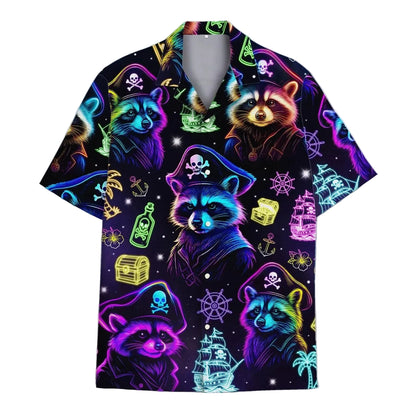 Skeleton Pirate Captain Hawaiian Shirt Cartoon Summer Beach Button Up