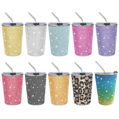 500ml Rhinestone Stainless Steel Water Bottle with Straw Luxury Sparkling Cup