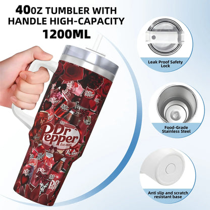 Dr Pepper Rose Tumbler – 40oz Insulated Stainless Steel Travel Mug with Handle
