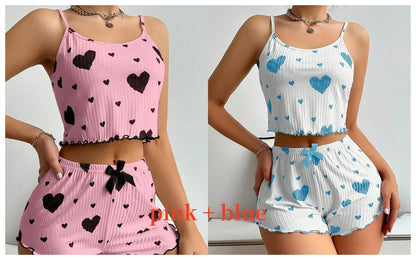 Cute Heart Print Pajama Romper – Women’s Sleeveless Summer Lounge Wear