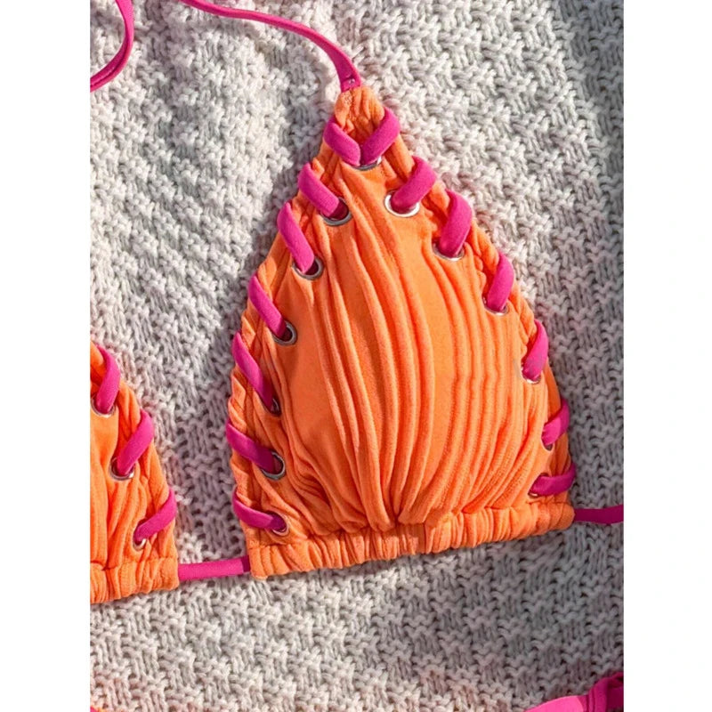Sexy Ribbed String Bikini Set – Women’s Triangle Tie Side Swimsuit, Minimalist Beach Swimwear for Summer Vacation