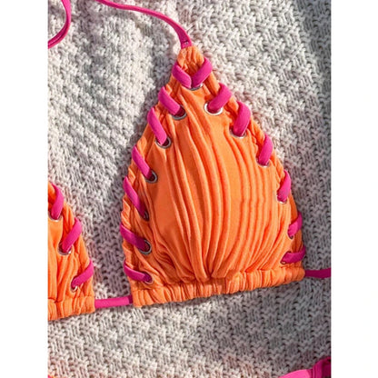 Sexy Ribbed String Bikini Set – Women’s Triangle Tie Side Swimsuit, Minimalist Beach Swimwear for Summer Vacation