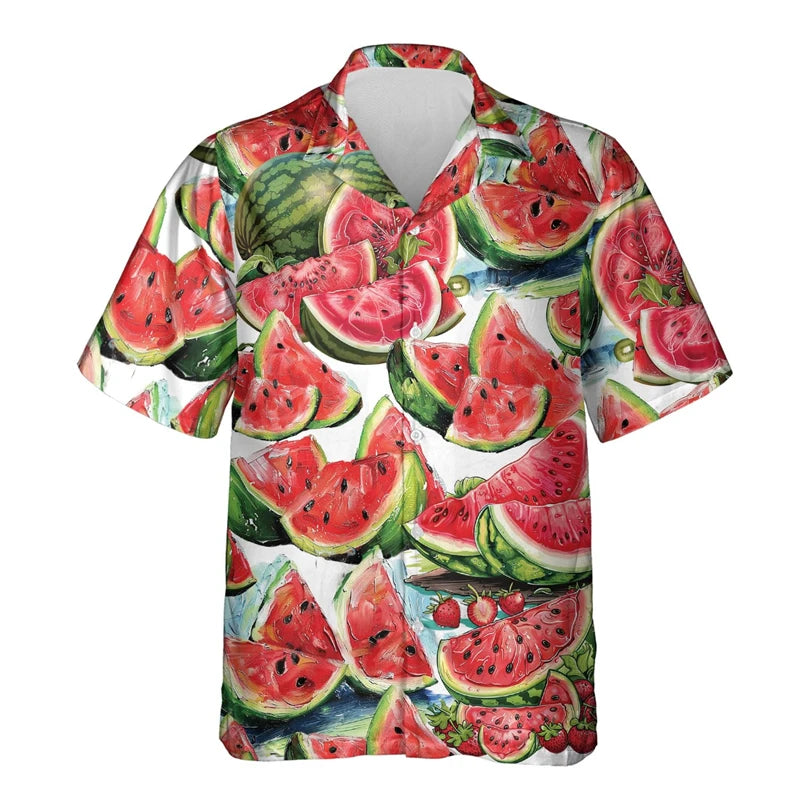 Watermelon Graphic Hawaiian Shirt 3D Fruit Print Summer Button Up Top