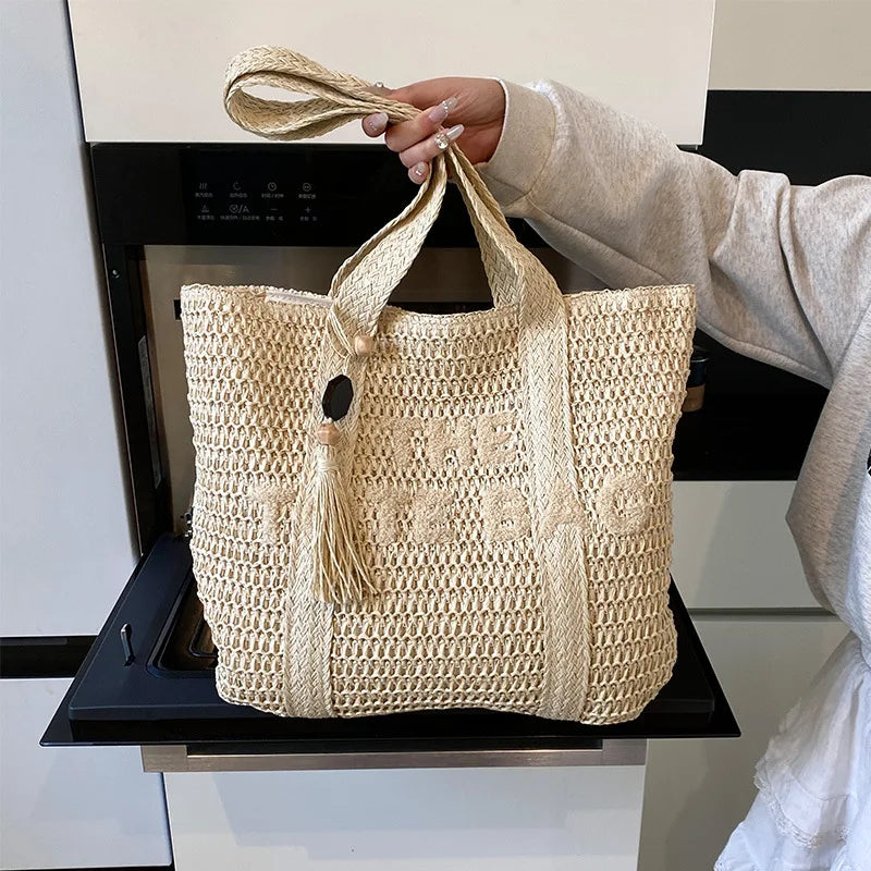 Boho Straw Tote Bag – Woven Beach Shoulder Handbag for Women Summer Fashion