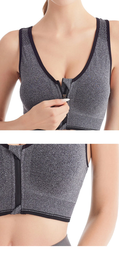 Women’s Front Zip Sports Bra – High Support Seamless Workout Bra for Yoga, Running & Fitness