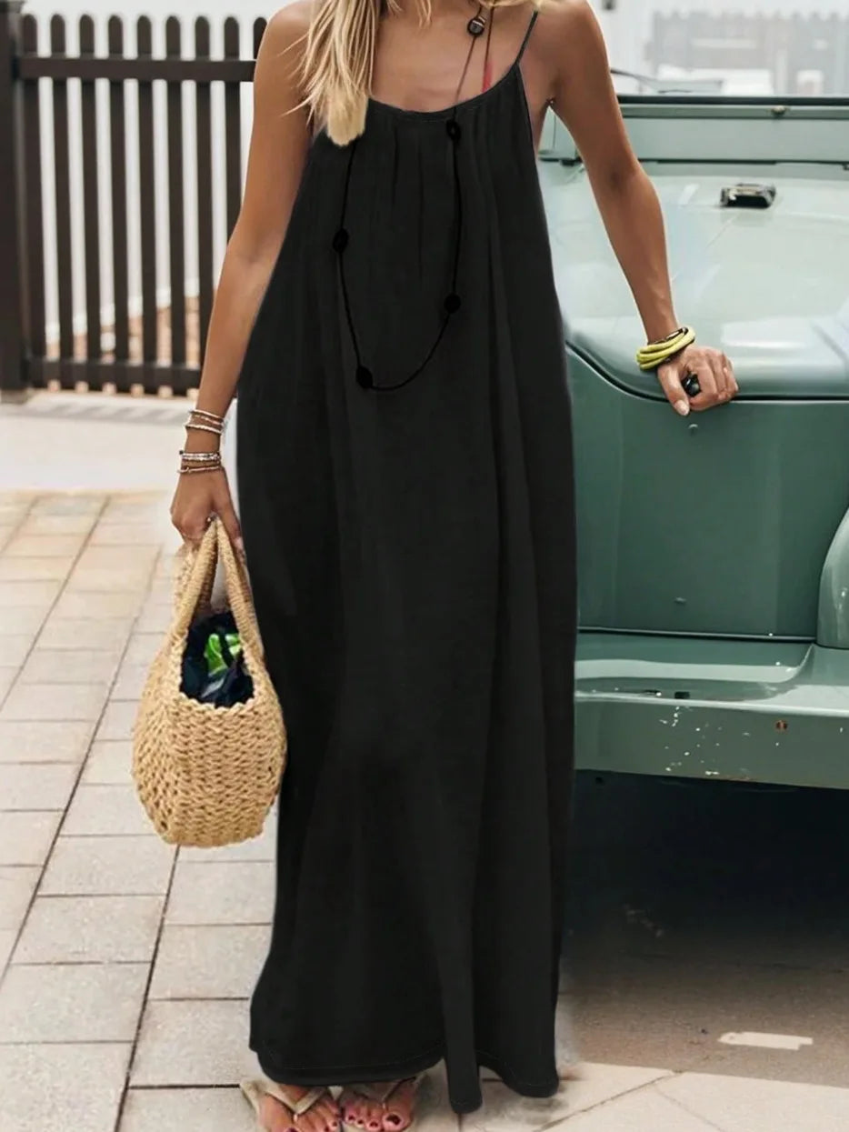 2026 Solid Color Vacation Cool Homewear Loose-Fit Spaghetti Strap Dress Women's Casual Homewear Summer Dress