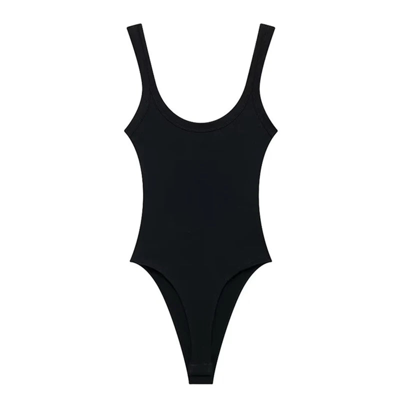 Sexy U-neck ribbed bodysuit with low cut, high waist & slim fit.Back straps & snap bottom. Perfect hot girl summer look!