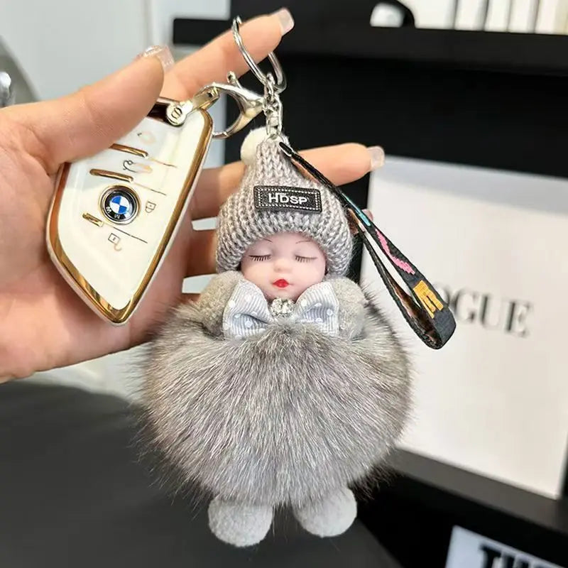 Cute Sleeping Baby Keychain – Fluffy Pom Pom Doll Bag Charm