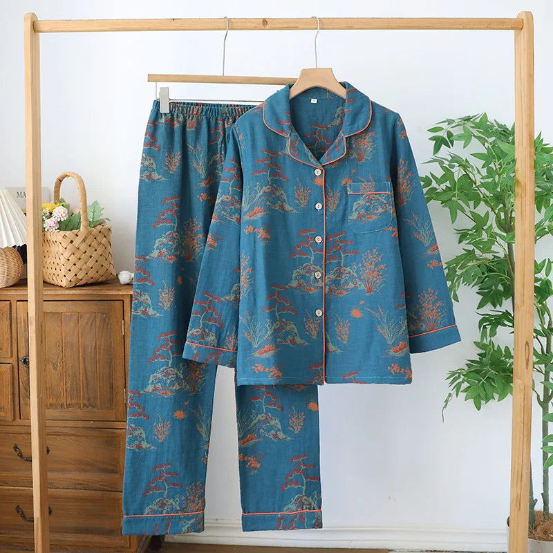 2026 Women’s Cotton Crepe Pajama Set – Floral Long Sleeve Sleepwear with Trousers, Soft Spring Summer Homewear