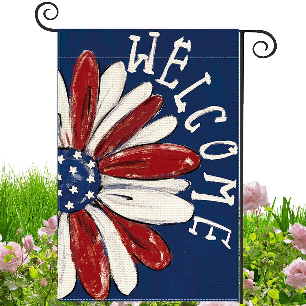Patriotic Garden Flag July 4th Memorial Day Floral Flag Independence Day Welcome Yard Flag for Yard Outdoor Decoration