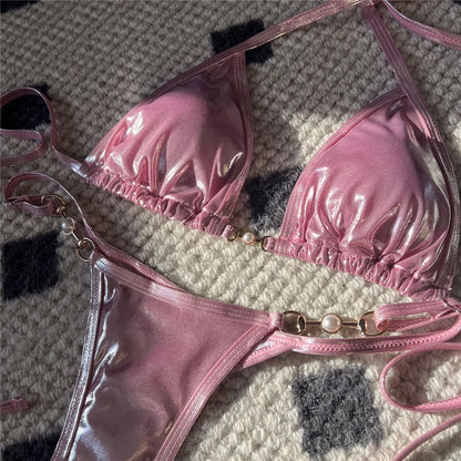 PU Faux Leather Halter Thong Bikini Set Women Two Piece Swimsuit Y2K Festival Swimwear