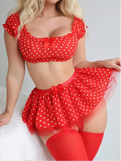 Cute Polka Dot Lingerie Set – Off Shoulder Babydoll Sleepwear for Women
