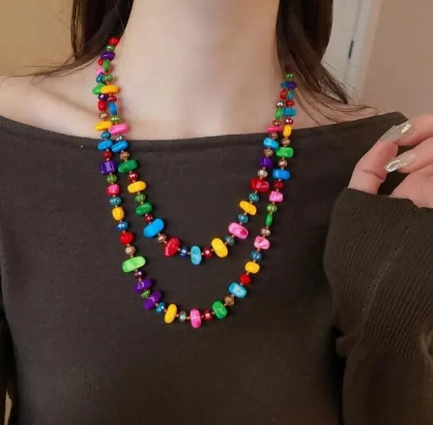Bohemian Colorful Irregular Shell Beaded Necklace Long Sweater Chain Accessory Vintage Style Women's Holiday Fashion Jewelry