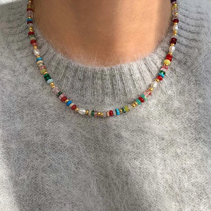 Boho Colorful Beaded Necklace – Handmade Pearl & Gemstone Choker Jewelry for Women, Trendy Vintage Layering Necklace Gift