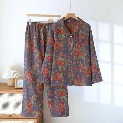 2026 Women’s Cotton Crepe Pajama Set – Floral Long Sleeve Sleepwear with Trousers, Soft Spring Summer Homewear