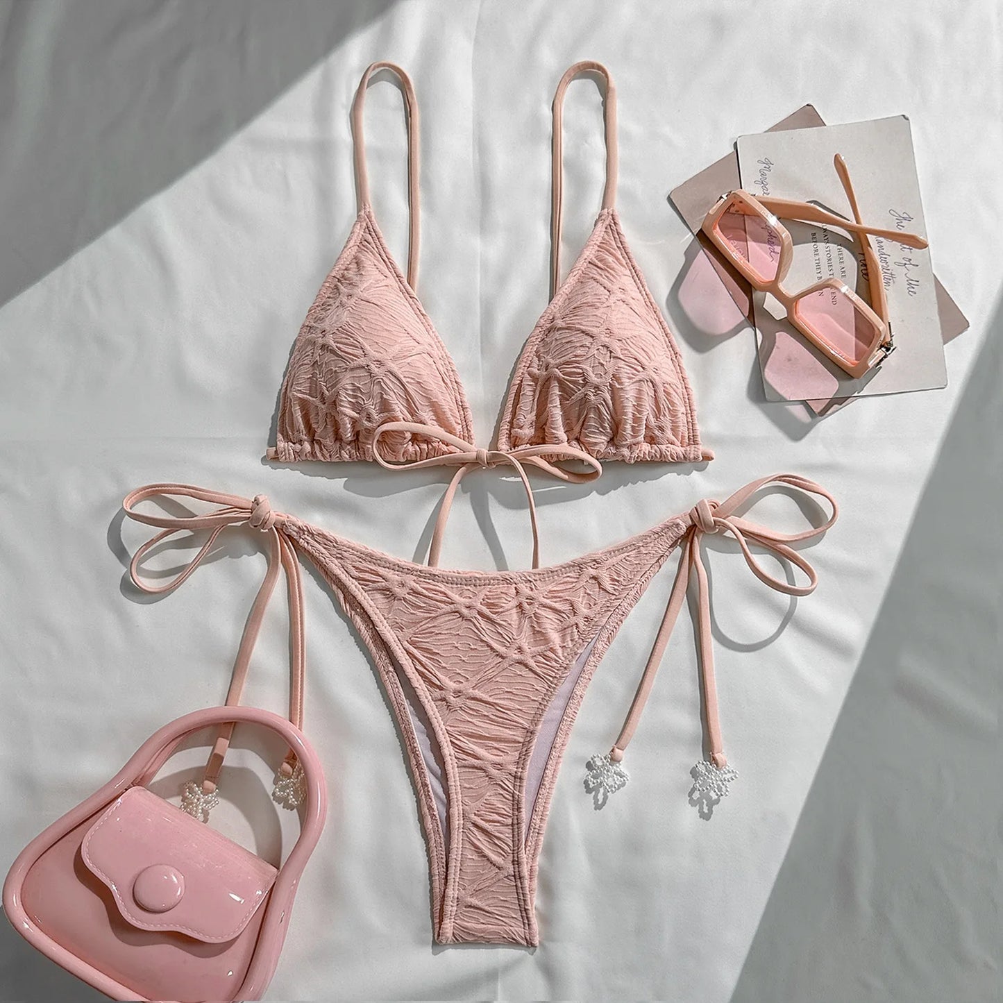 Women's Bikini Sets Ribbed Two Piece Swimsuits Underwire Adjustable Back  Bathing Suit Side Tie Triangle Thong Swimwear