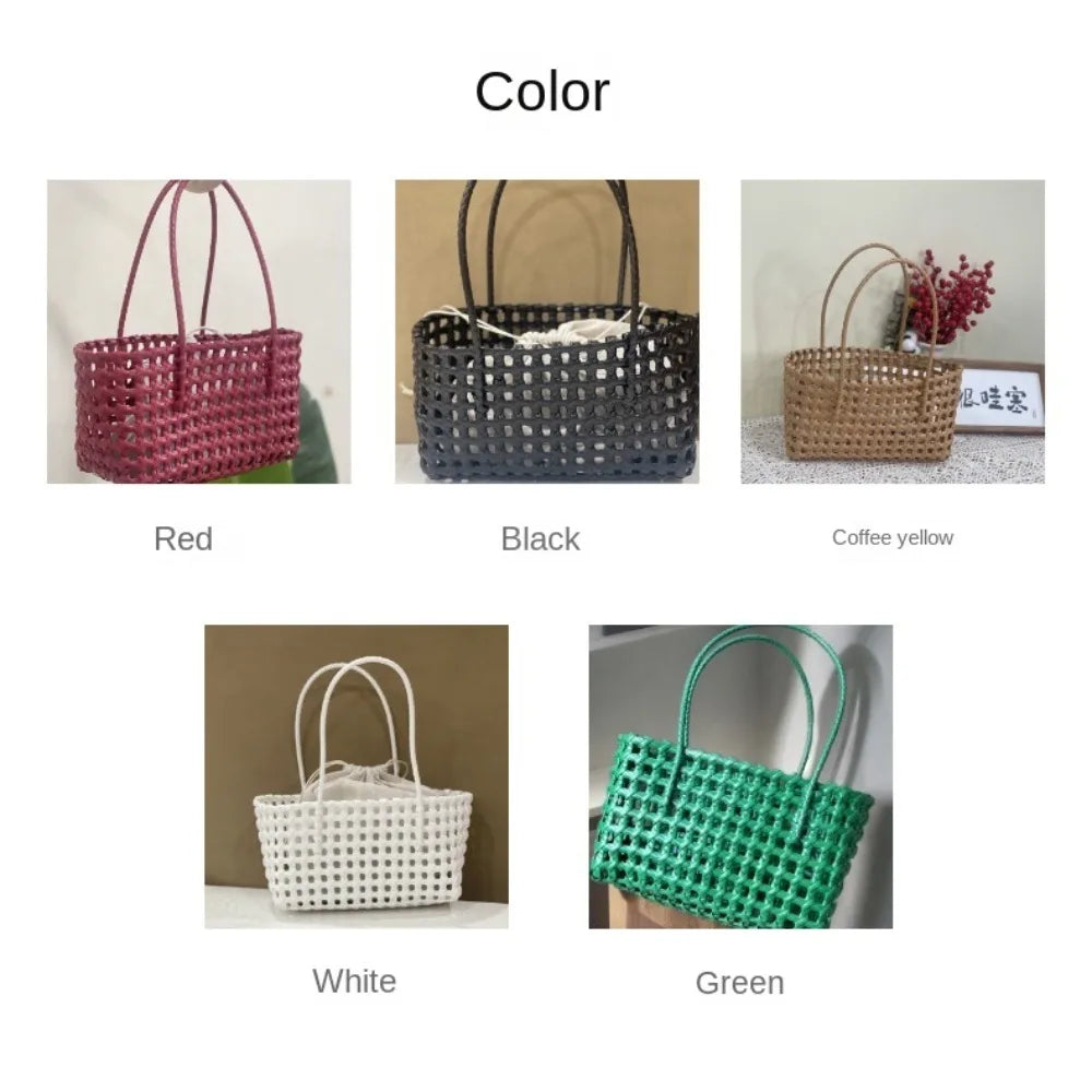 Woven Plastic Tote Bag – Retro Grid Shoulder Handbag for Women Summer Beach Style