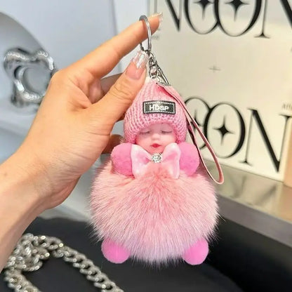 Cute Sleeping Baby Keychain – Fluffy Pom Pom Doll Bag Charm