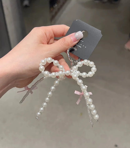 2026 New Korean Fashion Sweet Pearl Bow Keychain, Pearl Bow Keychain – Elegant Coquette Bag Charm with Pink Ribbon